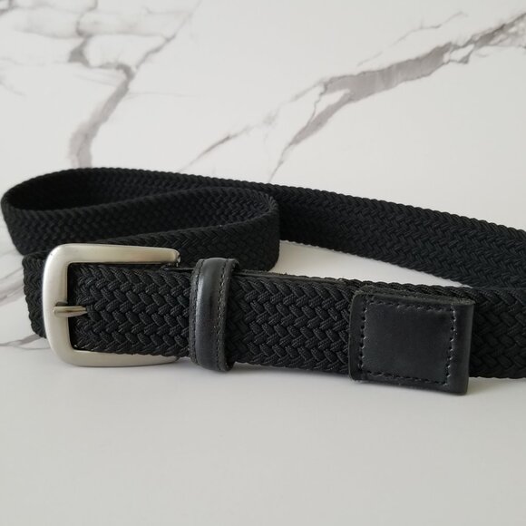 Black Woven Fabric Belt with Brushed Nickel Buckle & Faux Leather Tabs - 34/36 - Picture 1 of 10